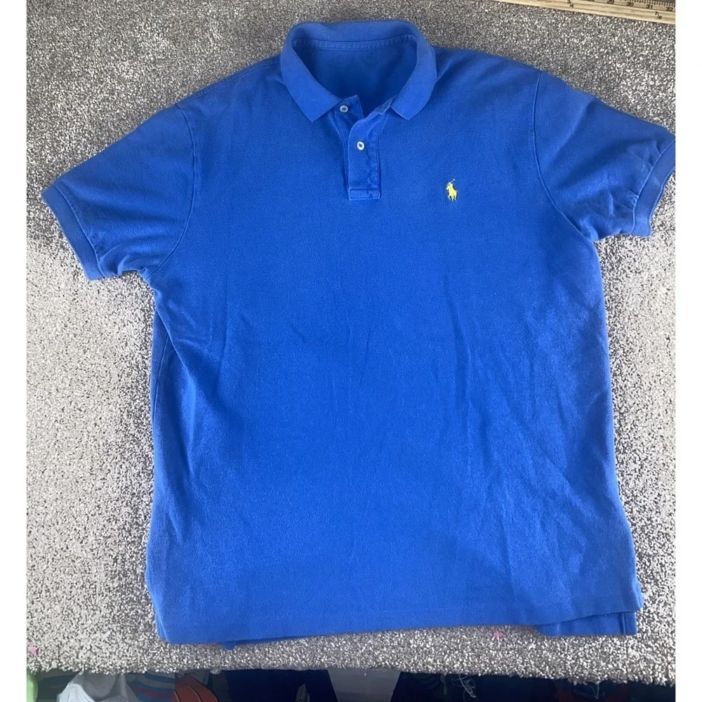 Polo Ralph Lauren Solid Blue Short Sleeve Polo Cotton Yellow Pony Mens L Read